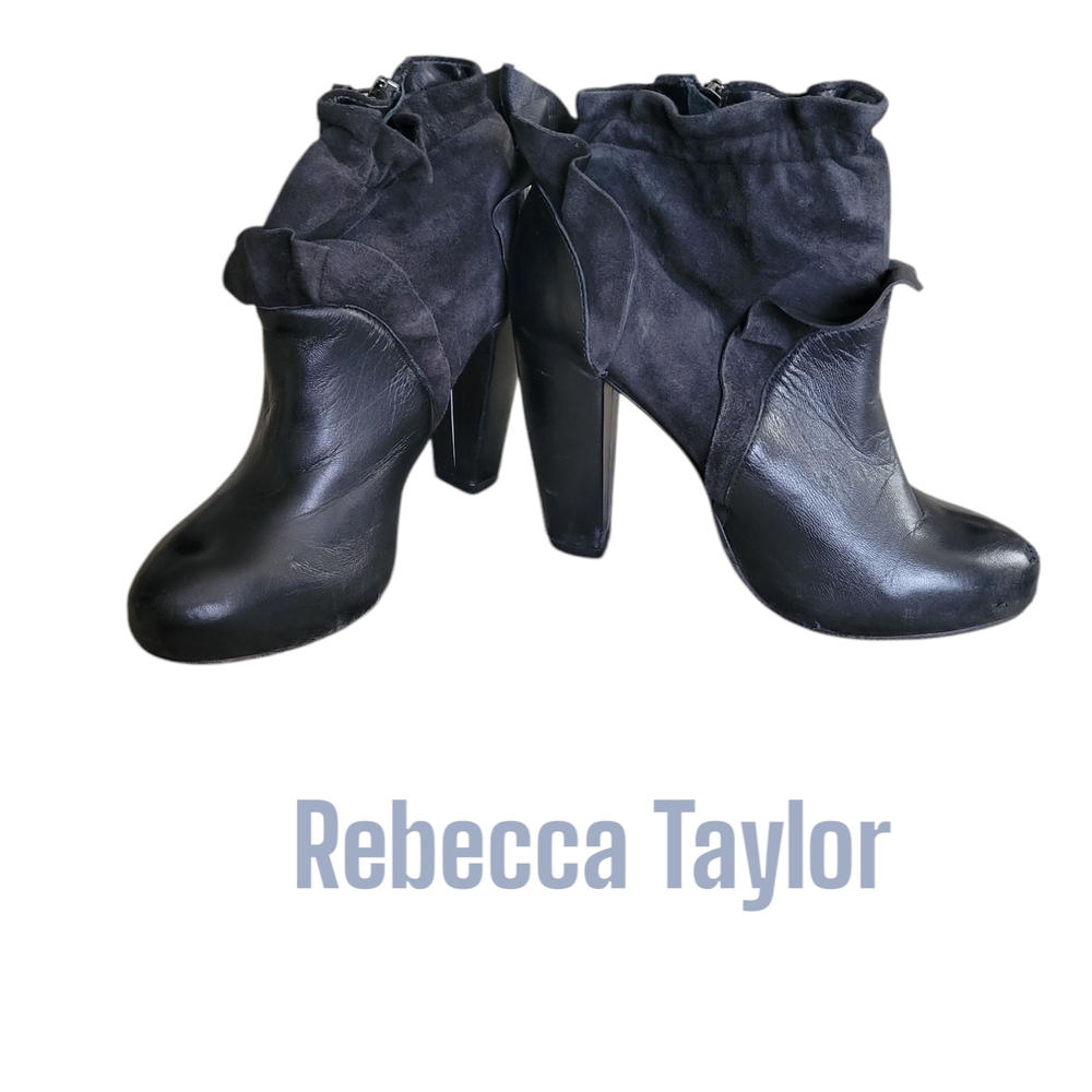 Rebecca Taylor Black Leather Ruffle Ankle Boots SZ 7.5